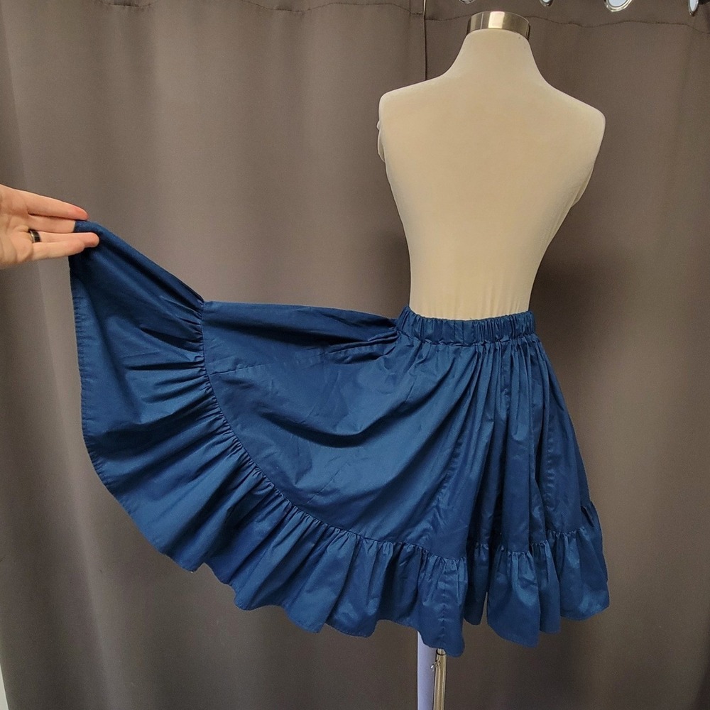 Vintage 70s Dancing Circle Skirt Blue‎ Tiered Ruffle Hem Elastic Waist Small